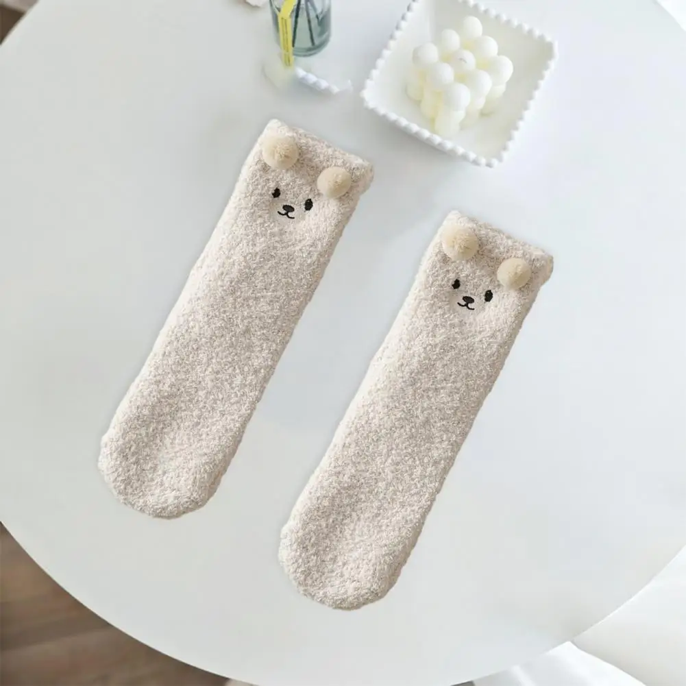 Women Mid-calf Socks Cozy Winter Women's Coral Fleece Bear Patterned Plush Socks Thickened Mid-tube for Home Sleep Coral Fleece image 3