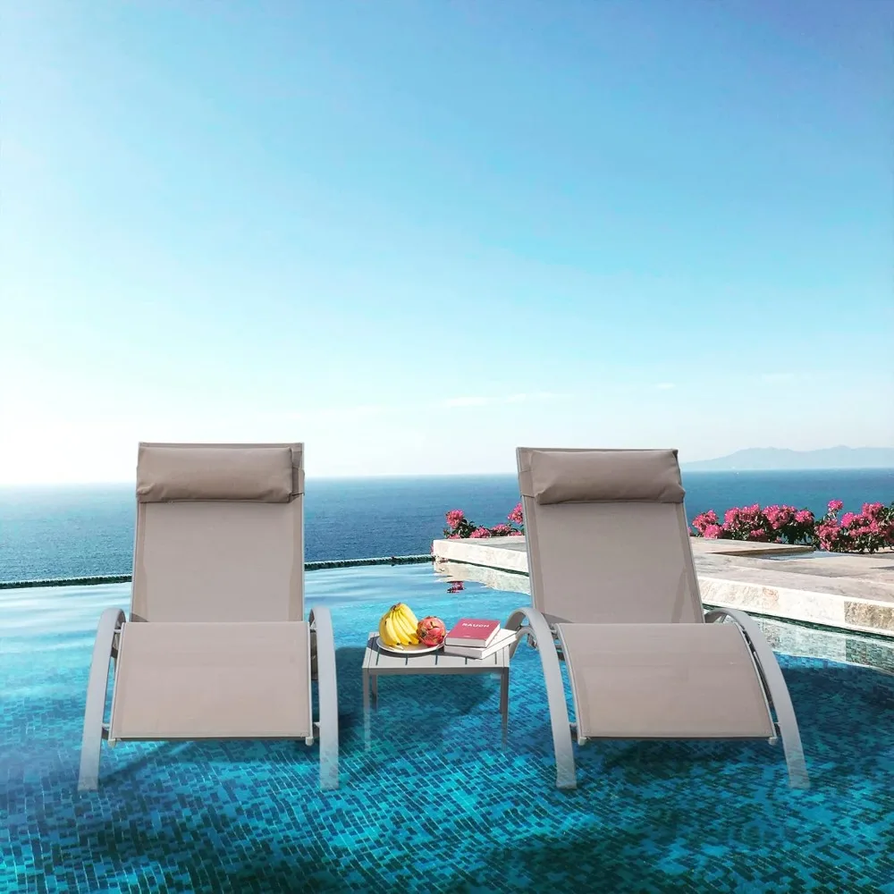 

Pool Lounge Chairs Set of 3, Adjustable Aluminum Outdoor Chaise Lounge Chairs with Metal Side Table, Customized