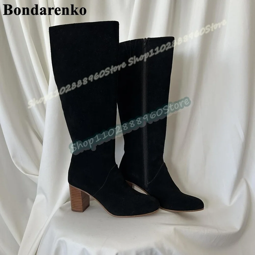 

Knee High Black Flock Simple Style Boots Chunky High Heel Shoes For Women Side Zipper Round Toe Fashionable Zapatos Para Mujer
