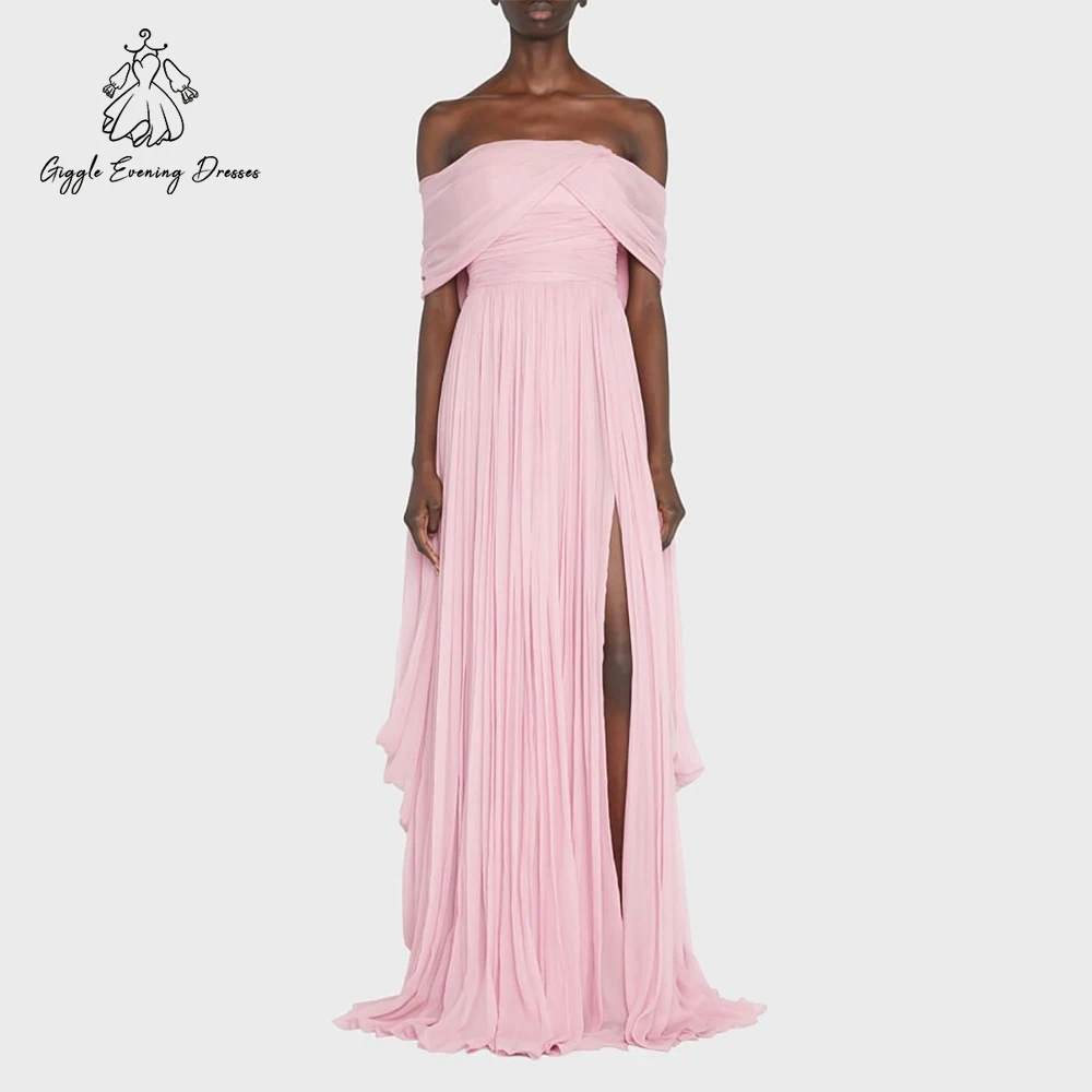 

Giggle Элегантное розовое платье трапециевидной формы для выпускного вечера с открытыми плечами, простое плиссированное шифоновое женское вечернее платье с разрезом, вечернее платье по индивидуальному заказу