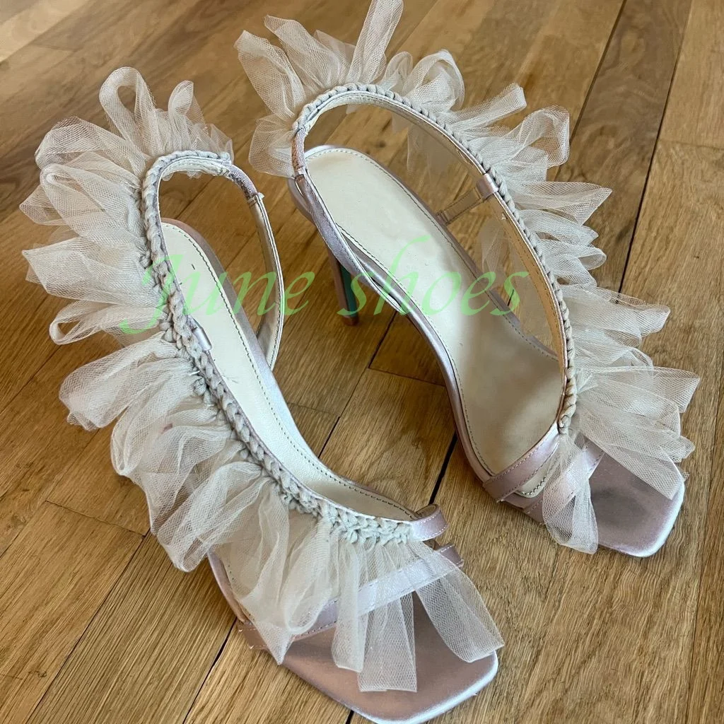 

Женские атласные туфли-лодочки с сетчатым дизайном, открытый носок, элегантные летние босоножки, обувь с ремешком сзади, кружевные, сексуальный дизайн, размеры 34-46