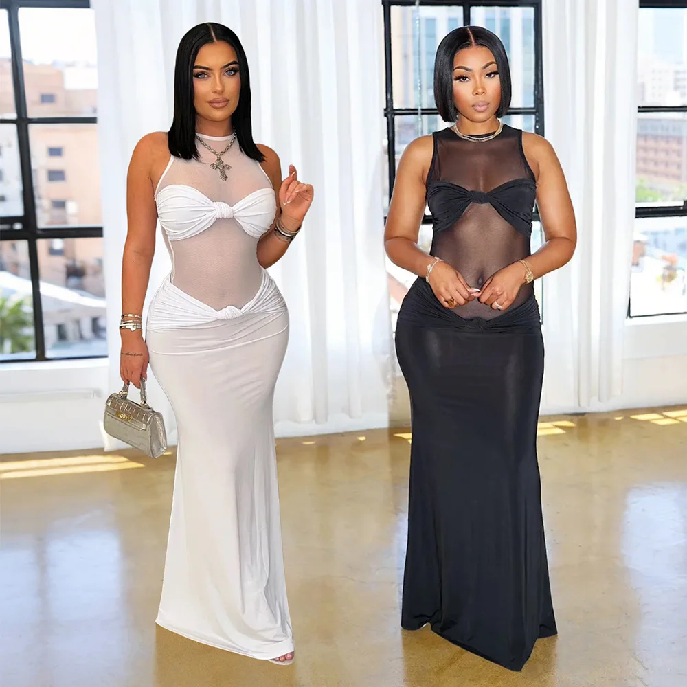 See Through Party Dress Evening Club Prom Dresses 2025 Women Summer Clothes Sexy Bodycon Long Dresses Elegant Black Dress