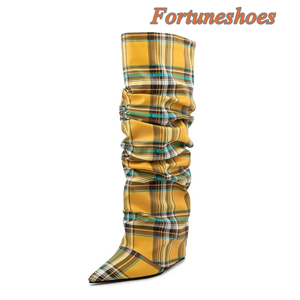 

Plaid Canvas Slip On Boots Knee High Patchwork Pointed Toe Wedges High Heel Women Boots Fashion Casual 2025 Newest Winter Boots