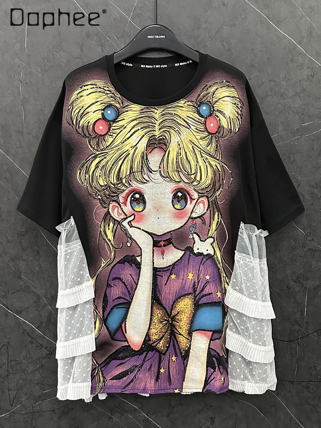 

Summer New Heavy Industry Cartoon Mesh Splicing Short-sleeved T-shirt Women's Loose Medium and Long Printed Sequined Casual Top