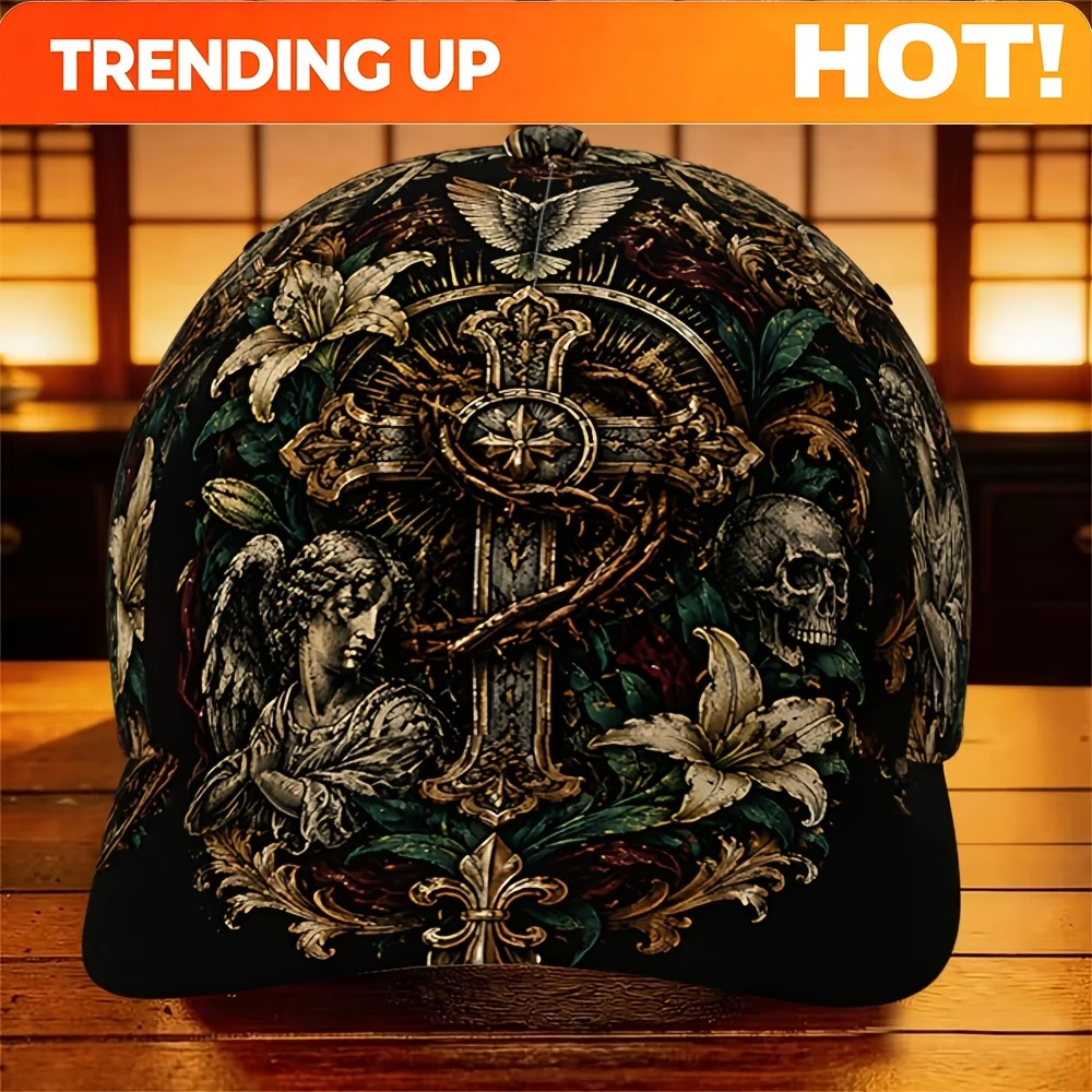 Customization 2D Flat Vintage Floral Skull Angel Cross Men'S Baseball Cap, Fashion, Casual, Outdoor, Travel, Sports, Daily Wear,