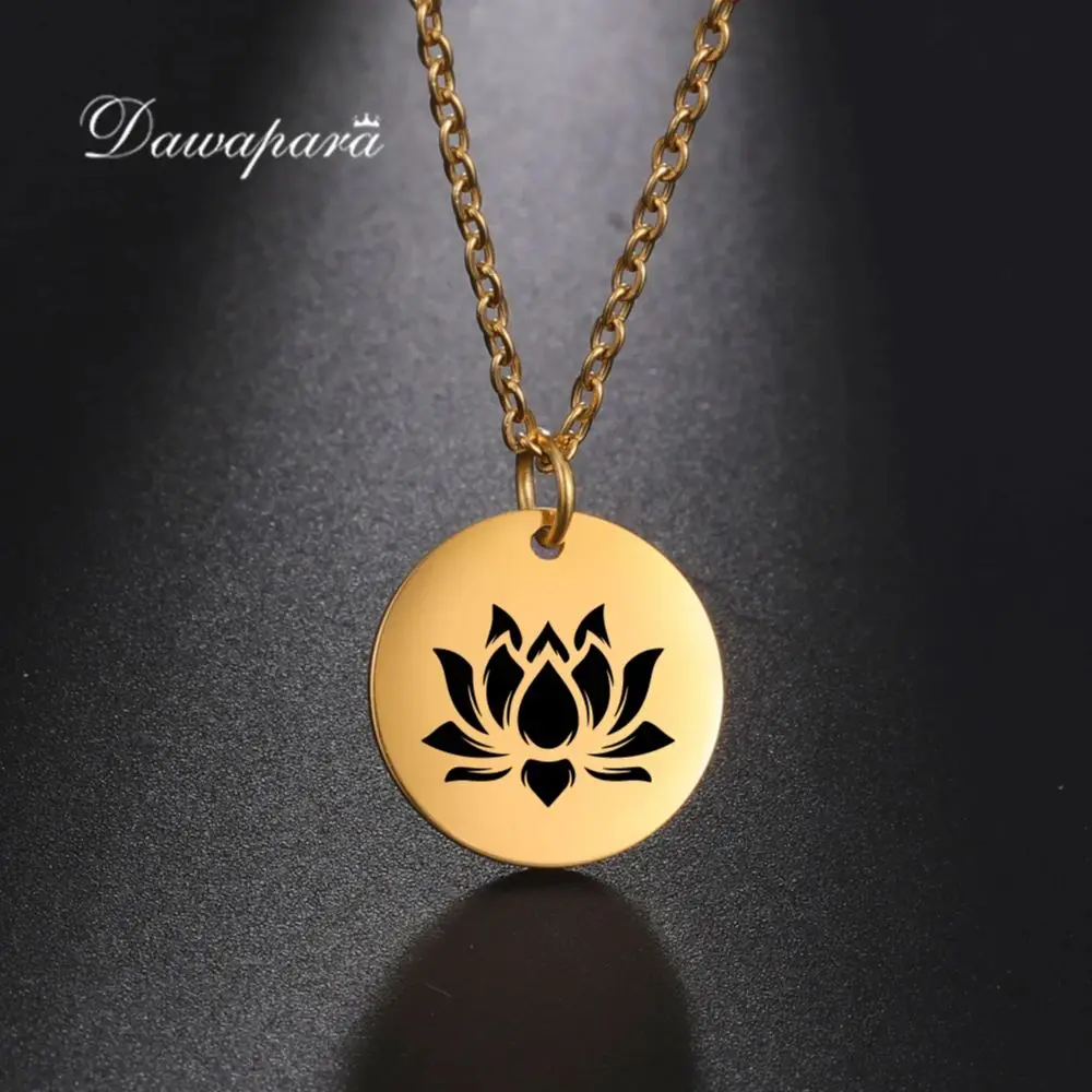 Dawapara Vintage Lotus Flower Small Charms Meditation Necklace Women Stainless Steel Hindu Spiritual Jewelry Pendant Necklaces