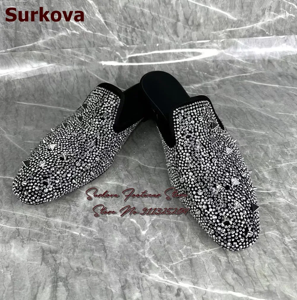 

Surkova Bling Bling Silver Crystal Flat Slippers Metallic Rivets Loafers Slip-on Glittering Rhinestone Dress Shoes Mules