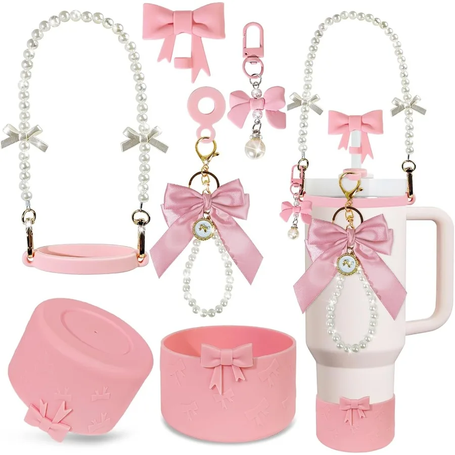 

Pink Bow Cup Accessories Set Including Siliocne Straw Cover Siliocne Boot Water Bottle Handle Strap Charms for Cup 40oz 30oz