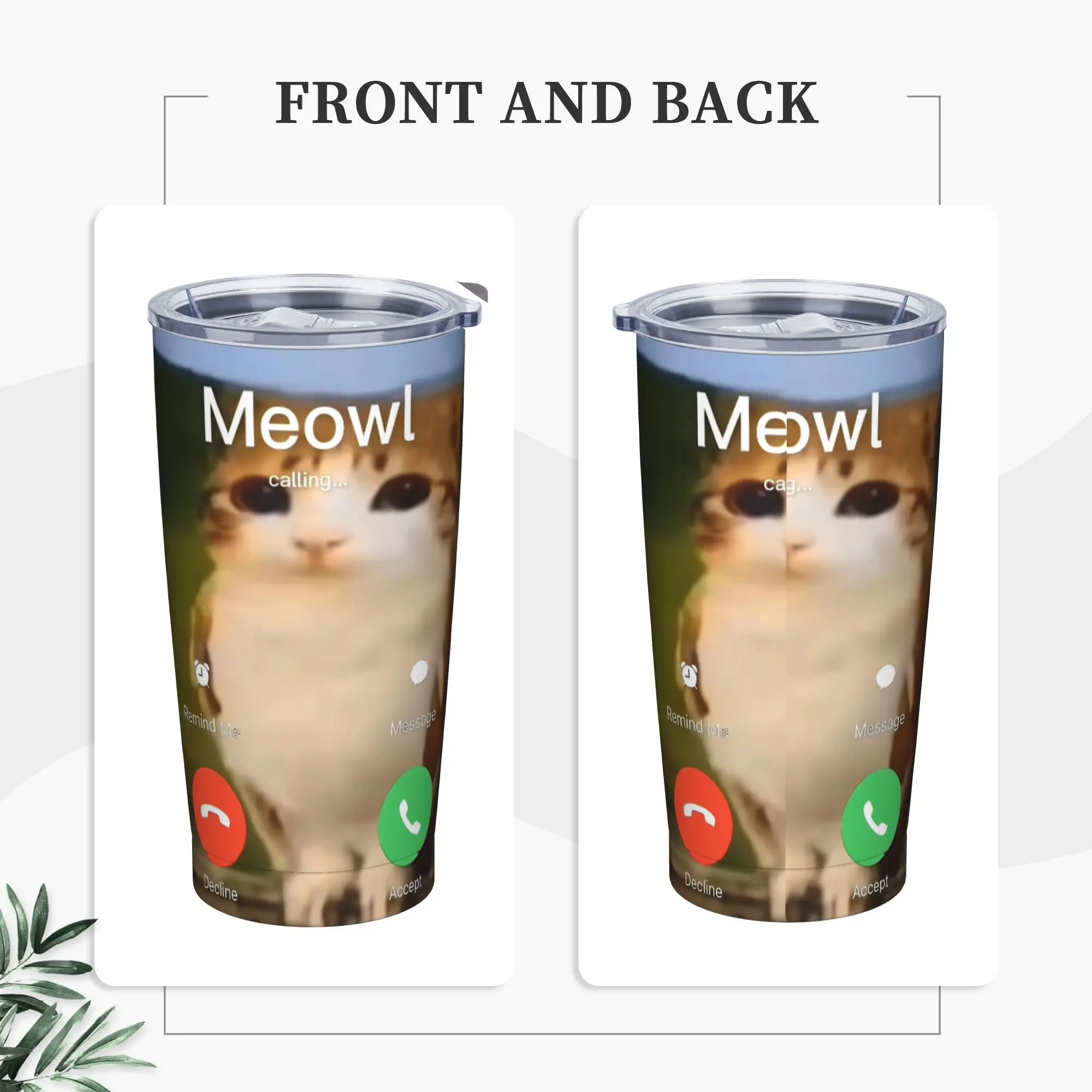 Meowl Call Cat Owl Insulated Tumbler with Straws Lid  Stainless Steel Thermal Mug Double Wall  Bottle Cups, 20oz