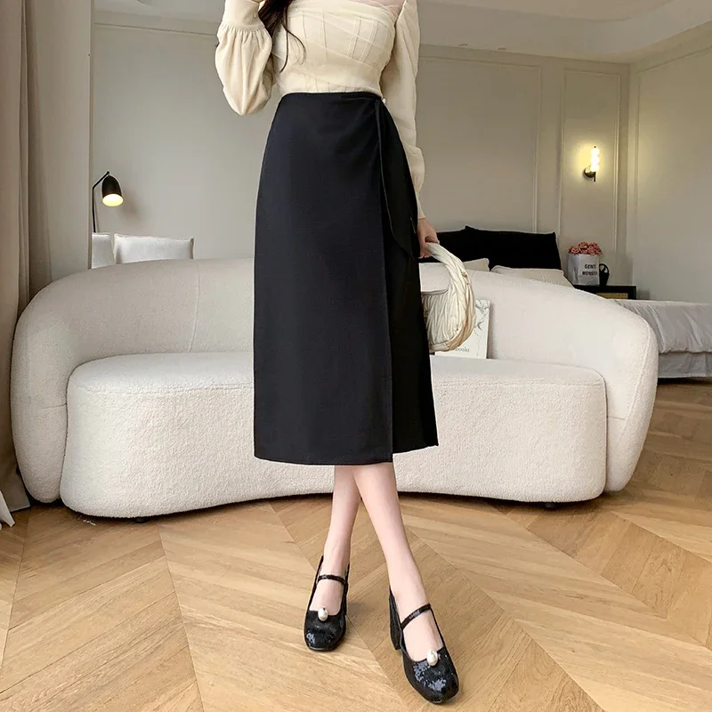 Seoulish Irregular 2024 Spring New Mid length Women\'s Skirts Vintage High Waist Buttons Decoration A-line Long Skirts Female