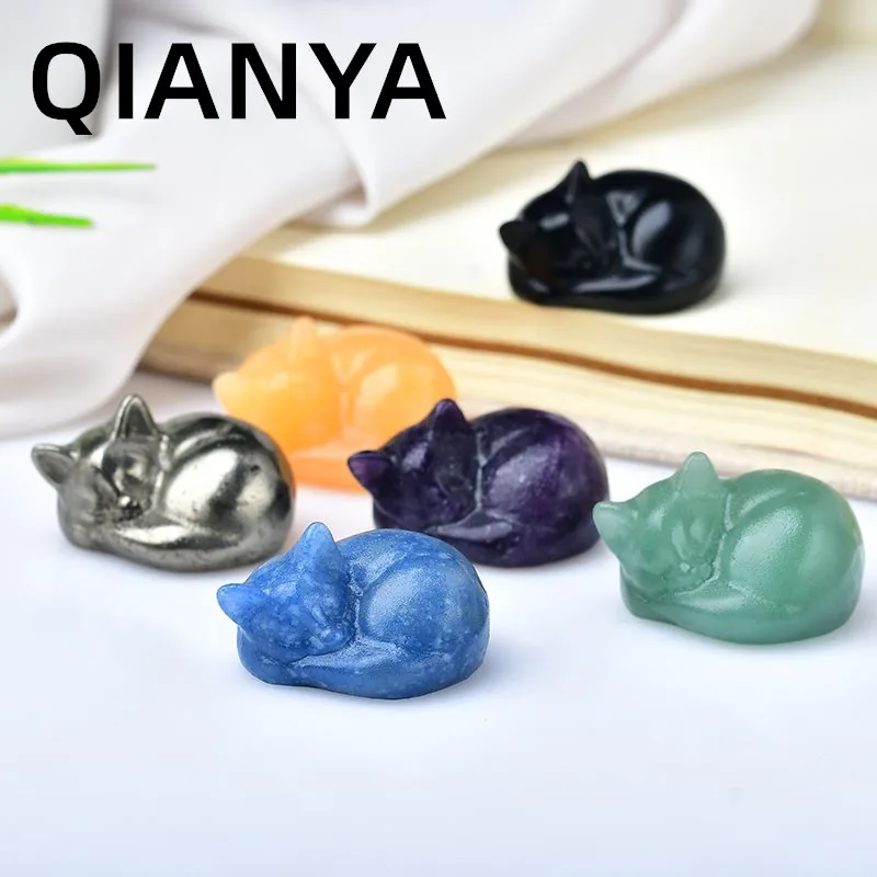 New Cute Lazy Cat Natural Crystal Quartz Mineral Gemstone Carving Rest Sleeping Cat Healing Reiki Home Decor Crafts Figurines