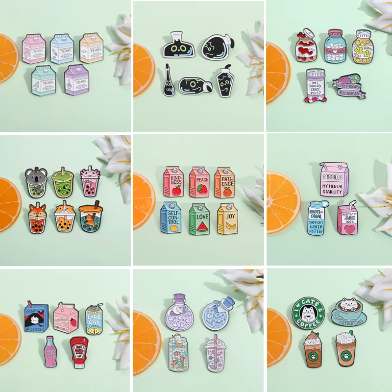 3-6pcs Sets Bottle Cartoon Enamel Pins Funny Cute Animal Box Container Brooches Backpack Lapel Badge Gift for Friends Wholesale