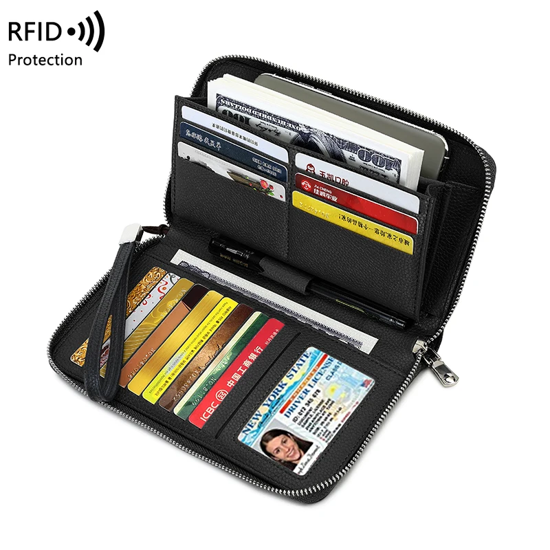 New leather wallet RFID anti-theft brush women\'s wallet multi-card long money clip layer cowhide large capacity clutch bag