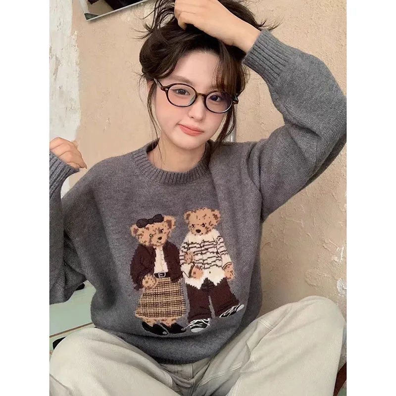 Spring Autumn Ladies New Atmosphere Cartoon Bear Soft Waxy Sweater Women Autumn Winter Comfortable Soft Cute Pullover Knit Top