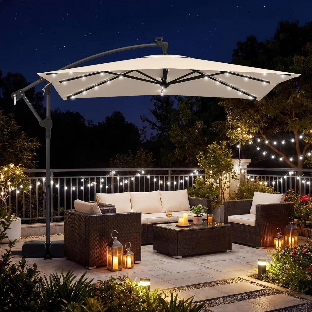 8x8FT Square Offset Cantilever Patio Umbrella,32 Solar LED Lights,360 Rotation,Base Included,Outdoor,Custom