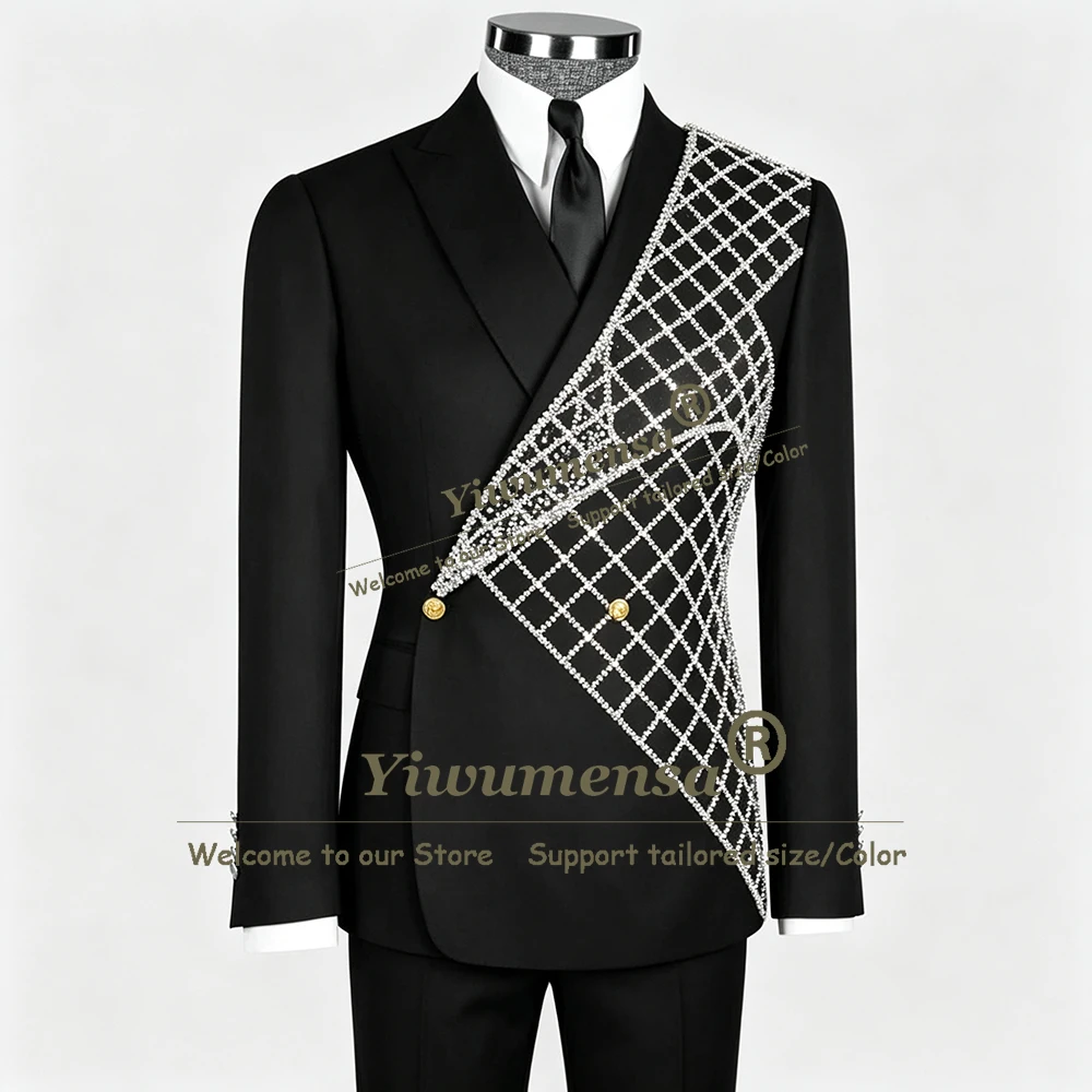 Unique Design Suits Men For Wedding Metallic Jewelry Beading Prom Blazer Customized 2 Piece Sets Double Breated Groom Tuxedo