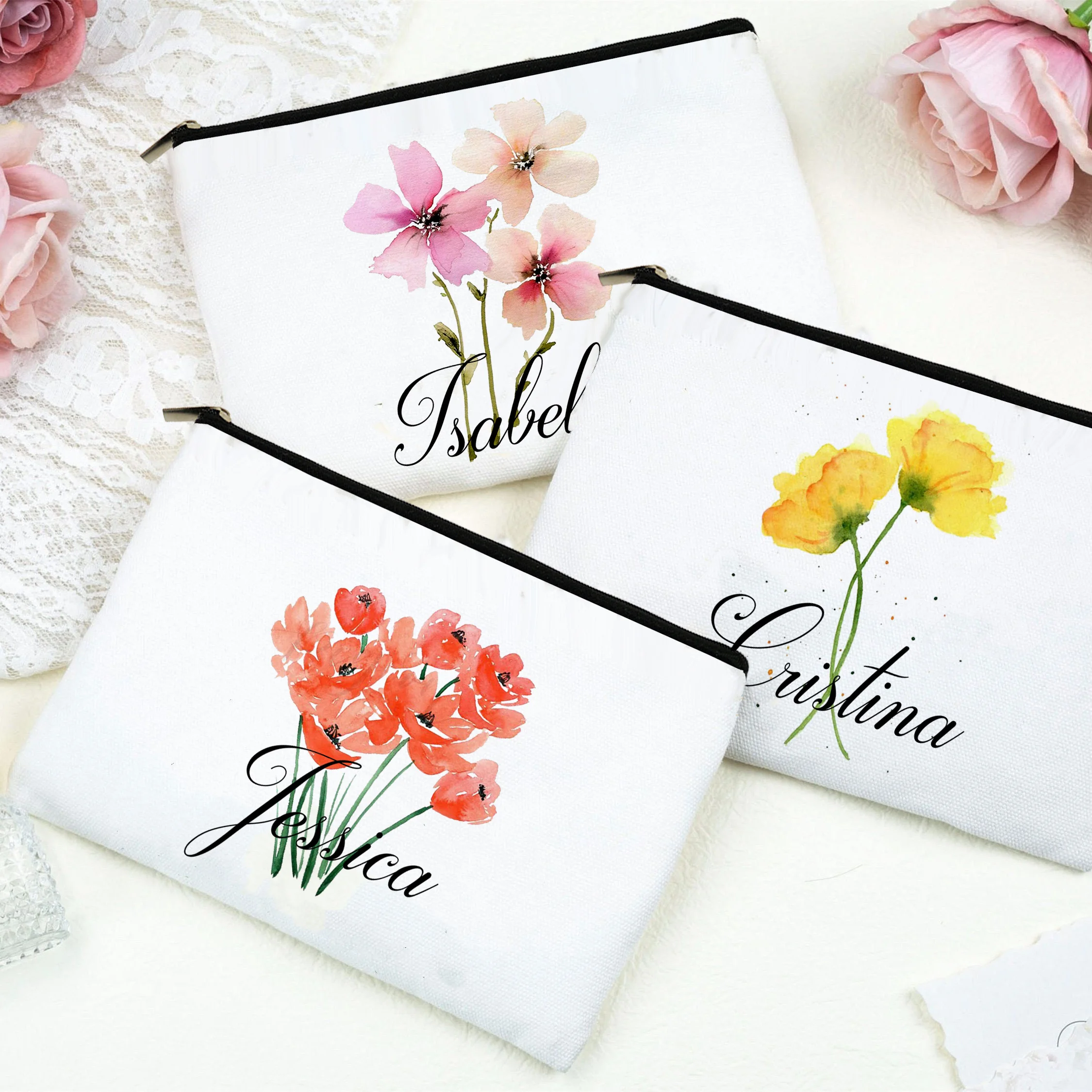 

Personalized Flower with Name Canvas Makeup Case Cosmetic Bags Zipper Toiletries Pouch Bridesmaid Teacher Mother Gift for Her