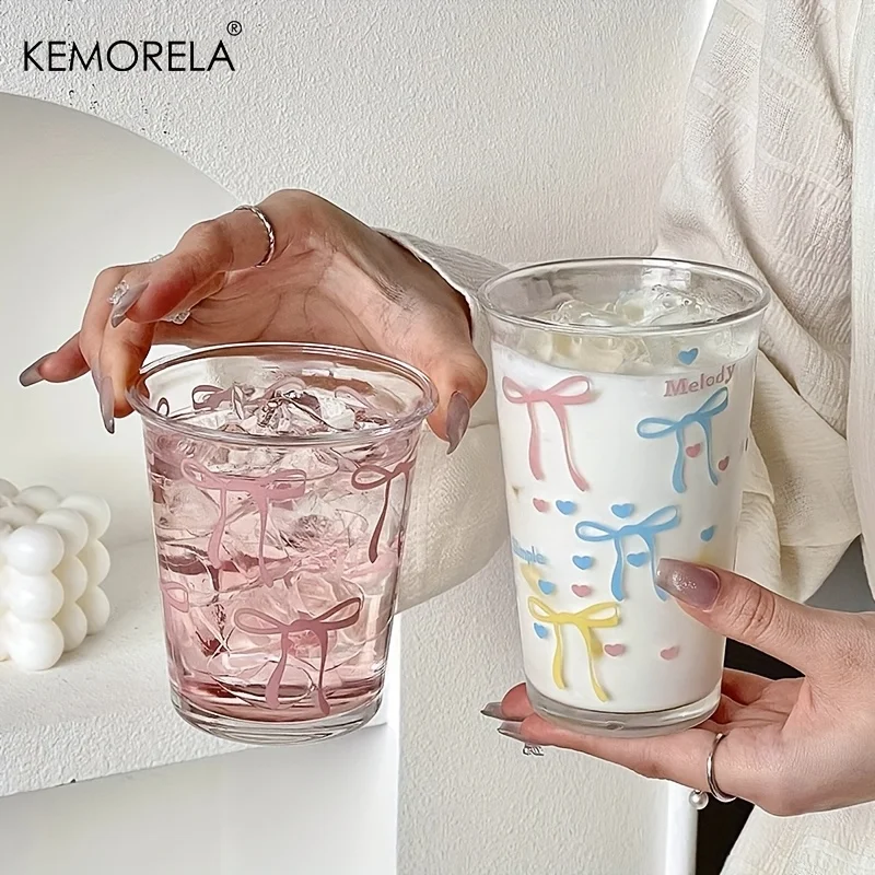 1/2 Uds. Vasos de cristal con lazo rosa, vasos para beber para jugo, agua, bebidas, café, taza de café helado para recolección de té de la tarde