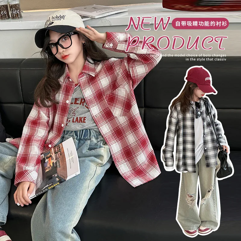 

Girls' shirt Long sleeve spring and autumn 2024 new style of foreign children's spring top girls big children spring plaid shirt