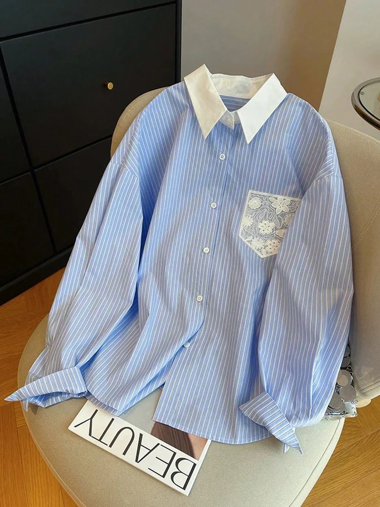 

Women's Striped Clash Collar Lace Pocket Shirt Fashion Back to School Season Daily Casual Shirt Collar Regular Shirt