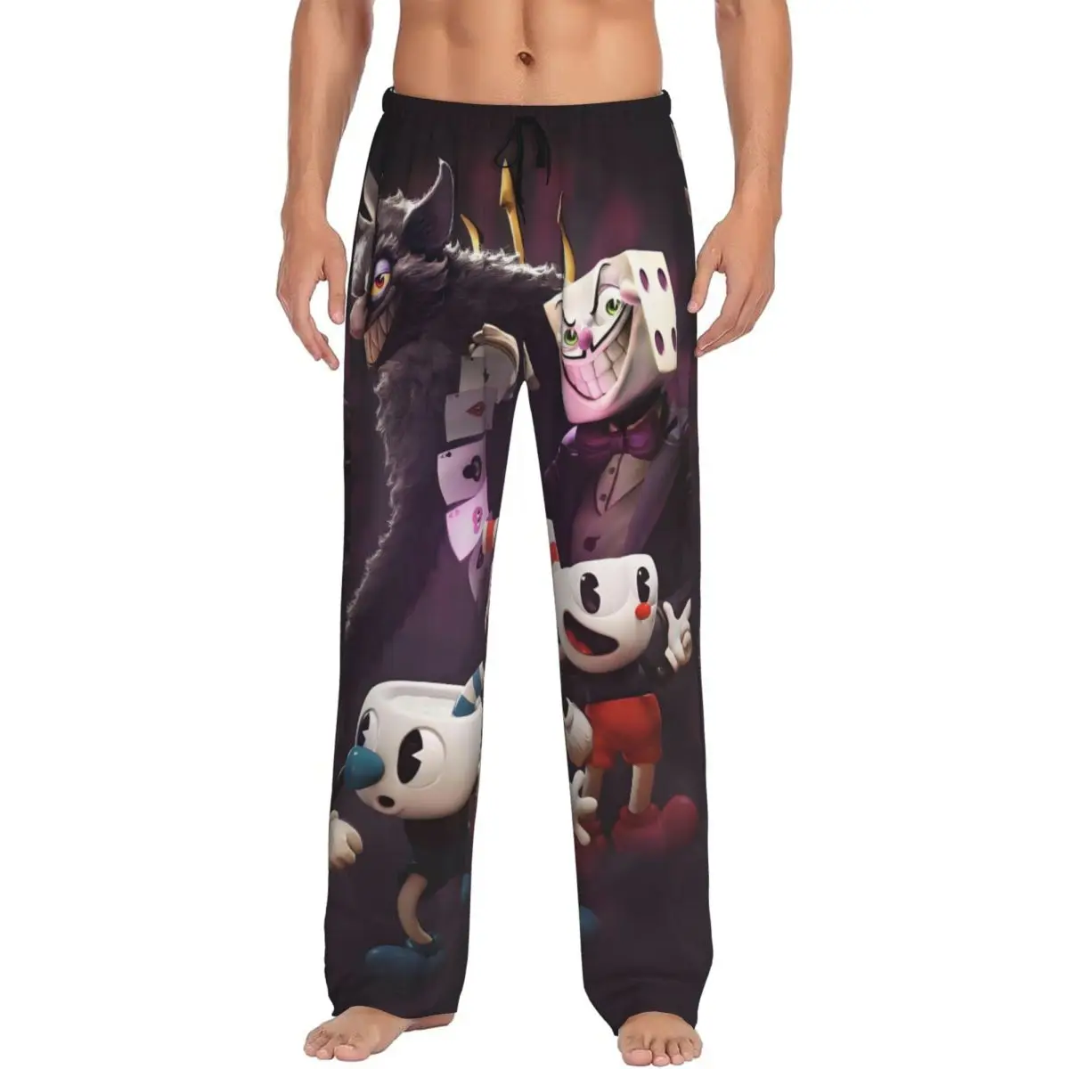 مخصص الرجال Cupheads بيجامة السراويل المطبوعة Mugman لعبة النوم ملابس النوم قيعان مع جيوب