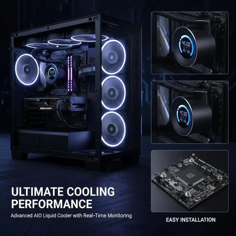 Integrated AIO Radiator 120mm For Gaming PC, Professional Workstation, Overclocking Desktop, 1.8'' LCD Screen Max 2200RPM PWM Fan High Performance Liquid Cooling Solution Intel 1700/1200/115X/1366/2011 AMD AM4/AM5 Black Finish