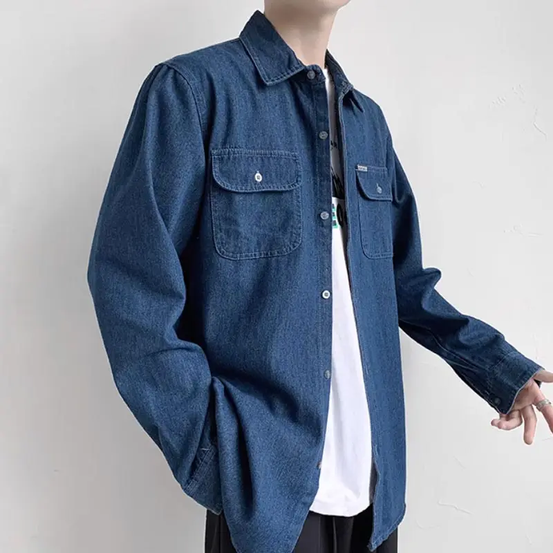 Japanese washed thin denim shirt, men\'s trendy loose fit plus size construction site electrician welding work clothes