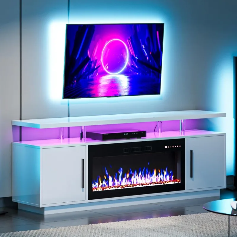 

70" TV Stand for TVs up to 75", LED Light Entertainment Center with 36" Electric Fireplace Heater, Storage Cabinet with USB