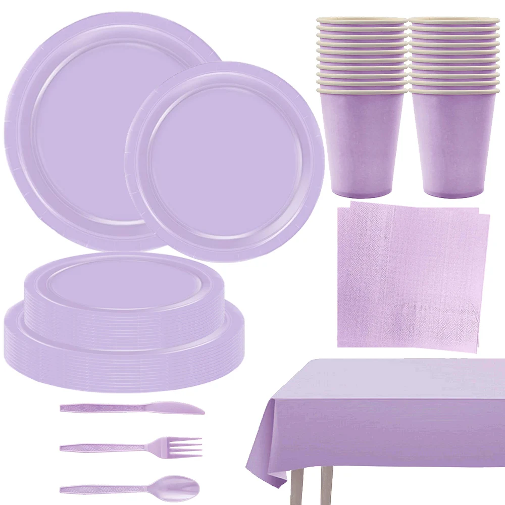 Suministros de fiesta morados, vajilla, platos de papel, servilletas, tazas, suministros de fiesta de Color sólido, decoraciones para fiesta de cumpleaños, Baby Shower