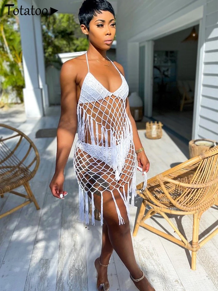 Totatoop-Knitted Crop Top and Skirt Set for Women Sexy Corchet Backless Tassel Halter Beach Outfits Summer Robe 2024