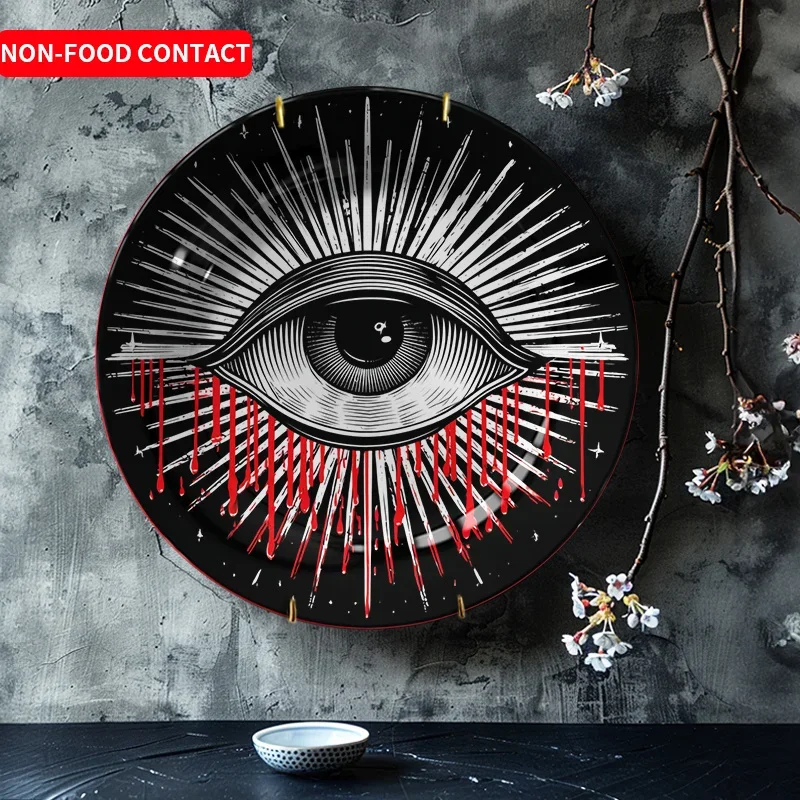 1pc Abstract Eye Ceramic Wall Art Plate - Black & White Modern Minimalist Decor with Red Accents, Circular Non-Food Contact