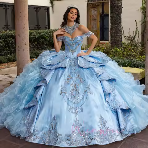 Quinceanera Dress Graduation Party Ball Gown Customized Shiny Sky Blue Lace Applique Beads Tiered Sweet Evening Dress