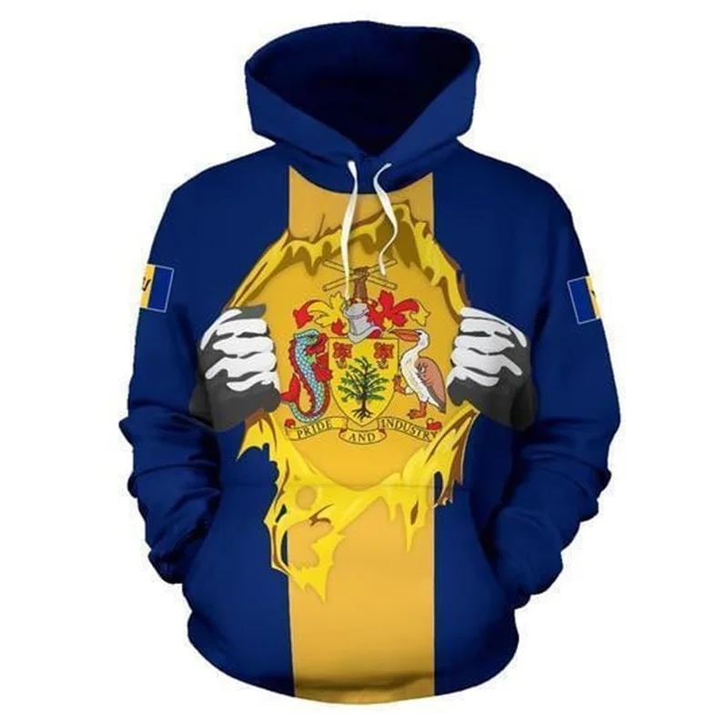 Full Print Barbados Flag National Emblem Pattern Hoodie für Männer Frauen Neu in Langarm Pullover Sweatshirt Herren Sport Hoody