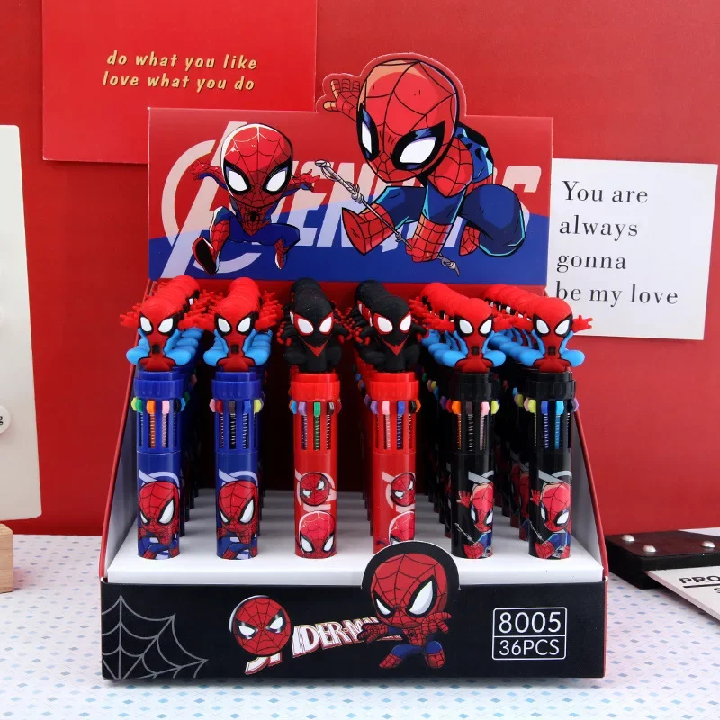 6 stks Cartoon Superheld Spider-Man 10 Kleuren Balpen Druk Pen Gekleurde Markeringen Multifunctionele Briefpapier Groothandel Geschenken