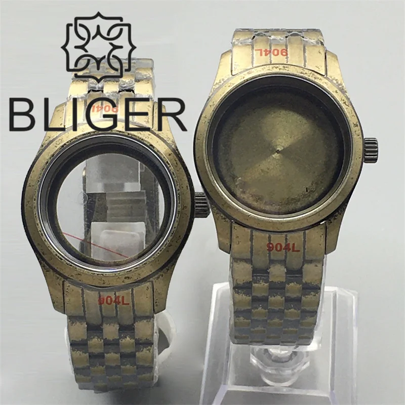 BLIGER 36mm/39mm Full Brushed Bronze Pilot Watch Case Bracelet Micro Dome Sapphire Glass Fit NH3 NH35 36 ETA2824 PT5000 Movement