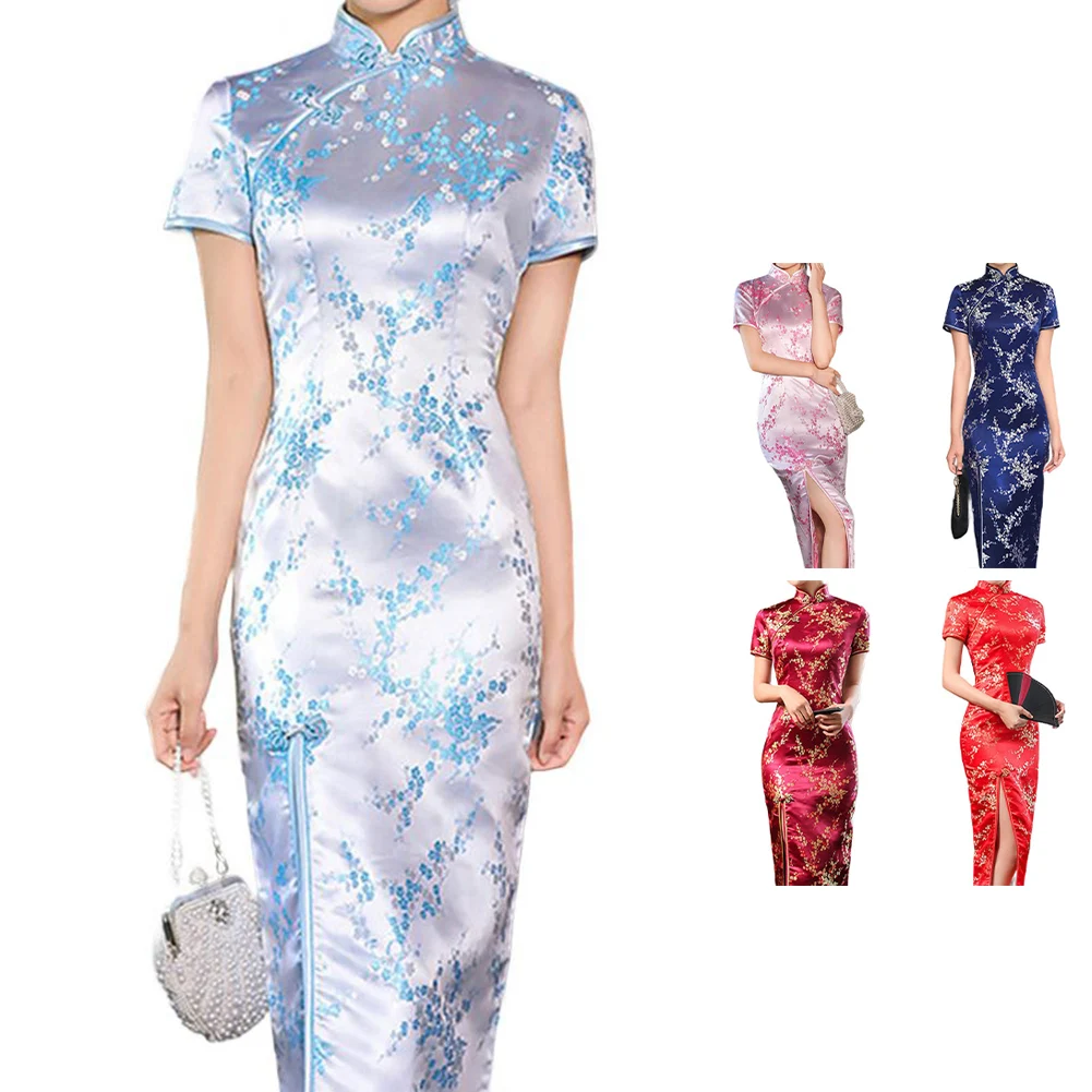 

Women Print Cheongsam Chinese Traditional Long Dress Split Slim Standing Collar Women's Vintage Dresses