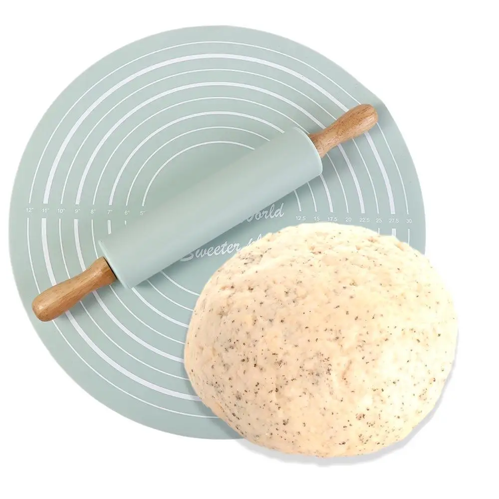 2 Pcs/set Househeld Silicone Rolling Pin Pastry Mat Set with Scale Thickened Rolling Pin Kit Round Reusable Kneading Pad Pastry