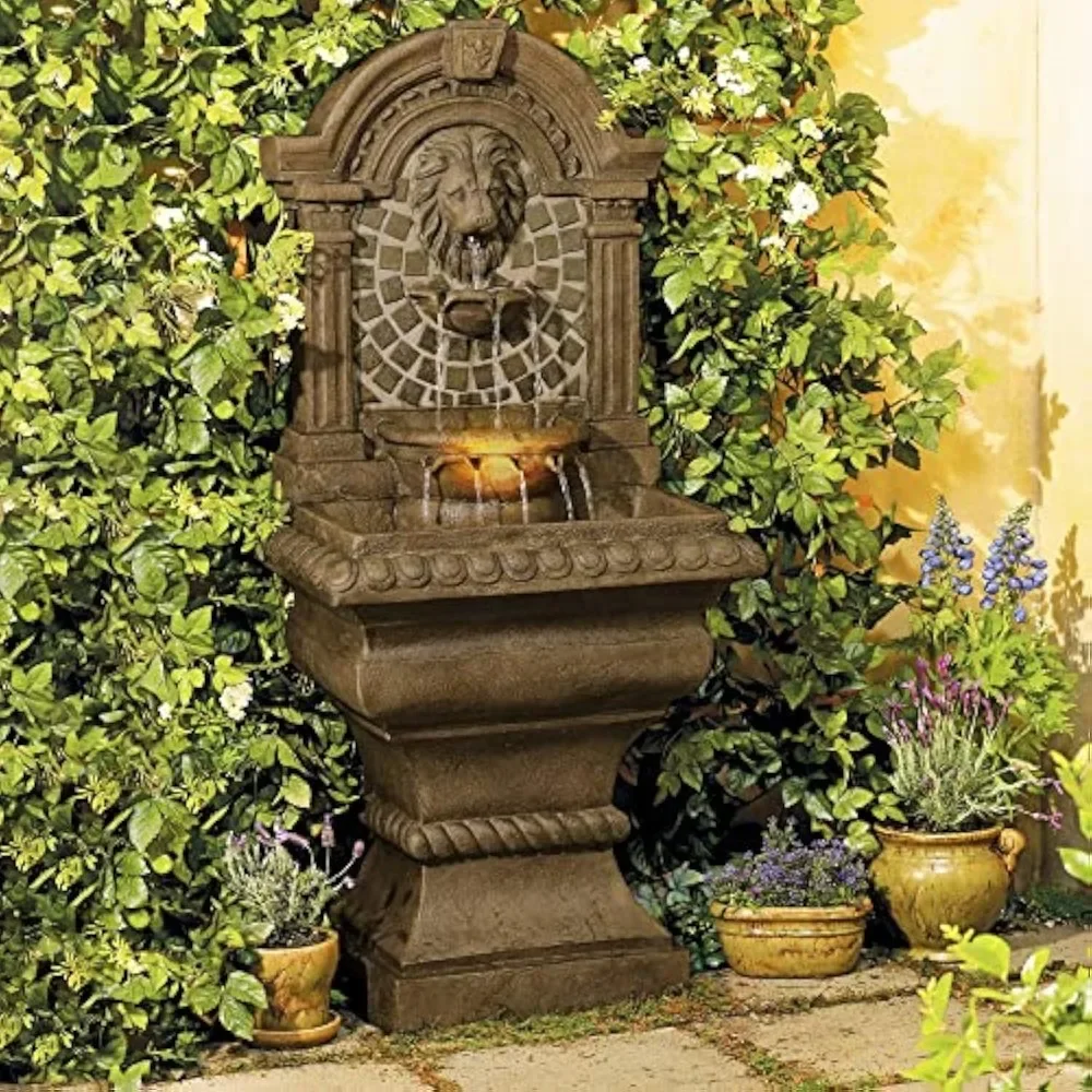 

3 Tiered Wall Water Fountain, Royal Lions Head Mediterranean, 51" High with LED Light for Garden Patio Backyard Deck, Fountains