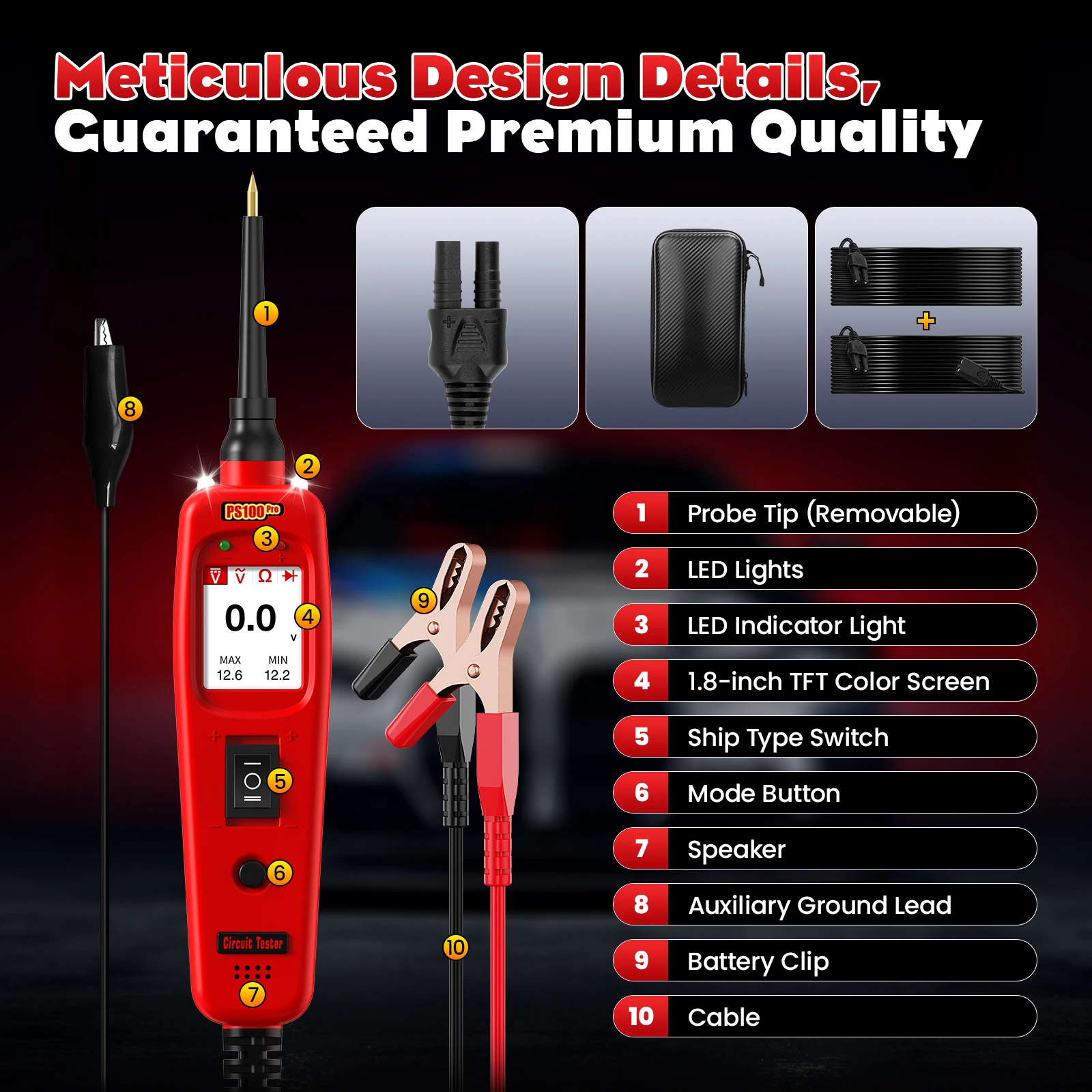PS100Pro Automotive Power Circuit Probe Tester 12V 24V Electrical System Diagnostic Tool Reads Digital Voltmeter