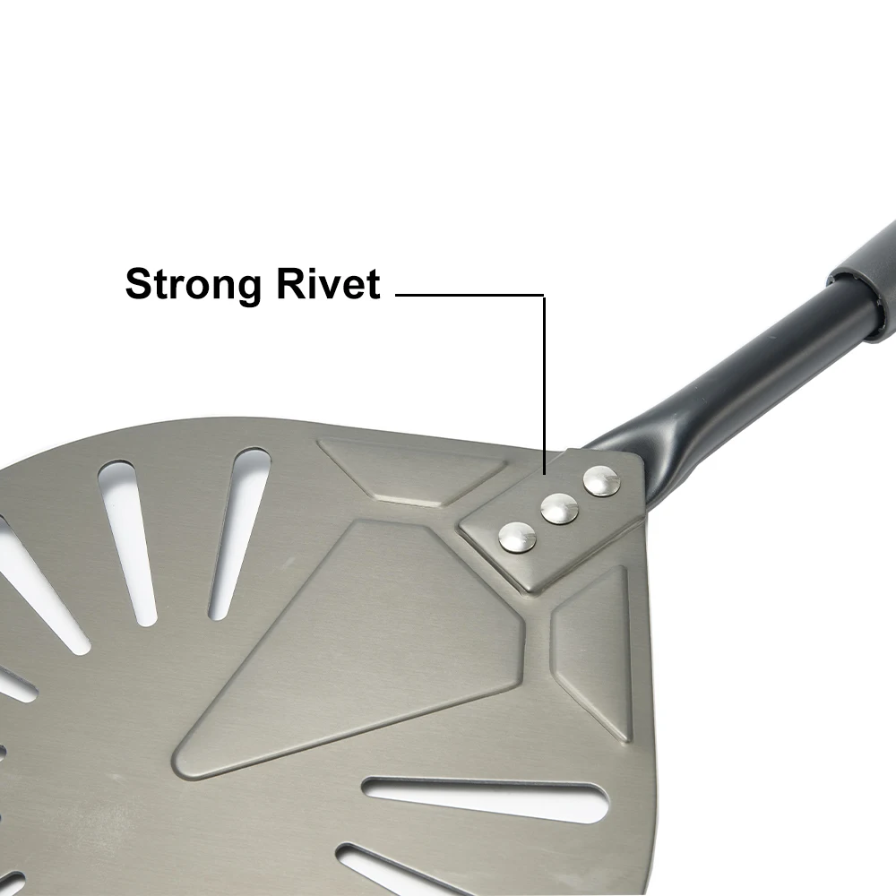 12" Hard Anodized Perforated Pizza Peel Rectangle Pizza Turning Shovel Set Aluminum Pizza Peel Paddle 40cm Long Silicone Handle