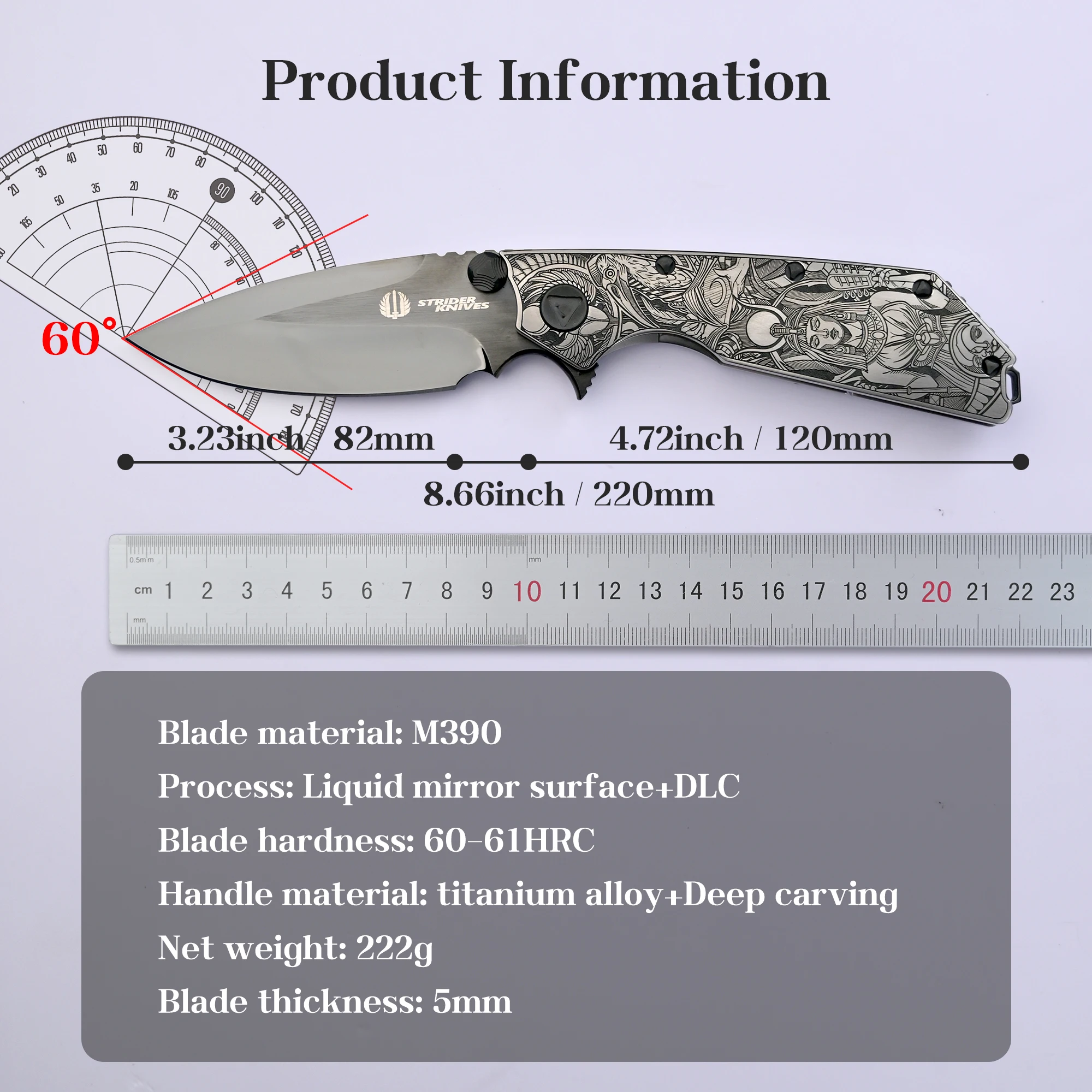 [Pharaoh] M390 high hardness sharp liquid mirror DLC, titanium alloy deep carving handle fruit knife