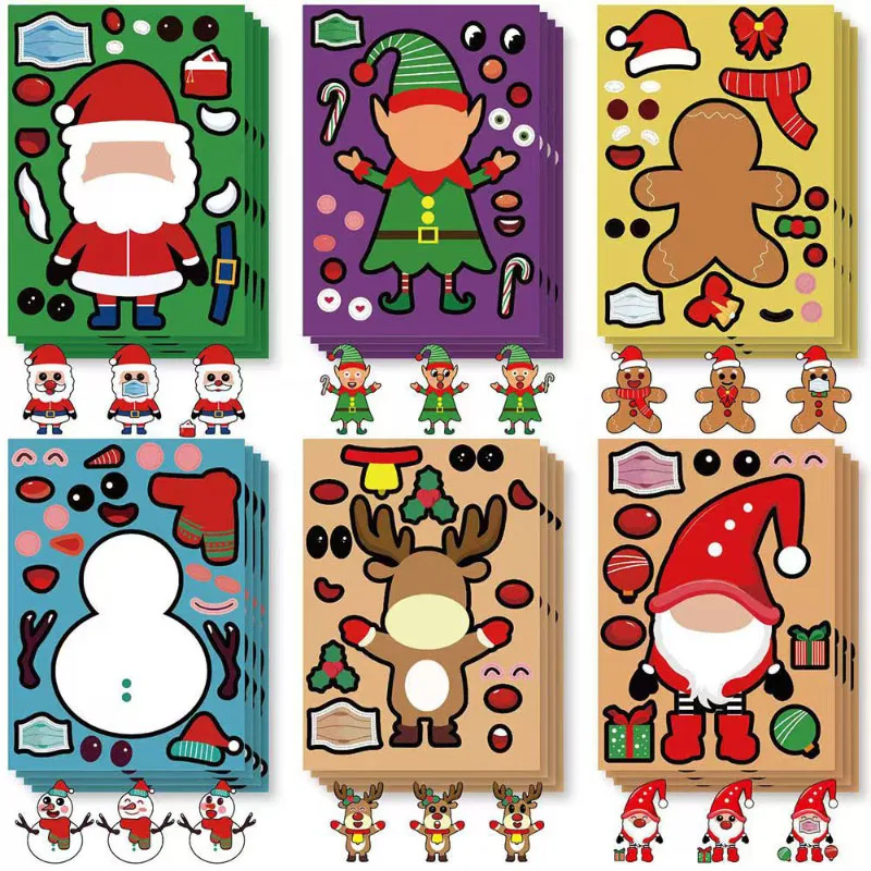 DIY Christmas Tree Stickers Kids Party Favor Creative Make Your Own Santa Claus Snowman Face Puzzle Stickers Children Gift Toys