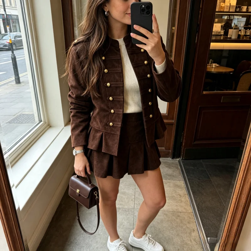 Womens 2026 Chic Ruffles Short Coat Stand Collar Long Sleeve Hook Buckle Waist Cinched Slim Elegant Autumn Female Outer Jacket