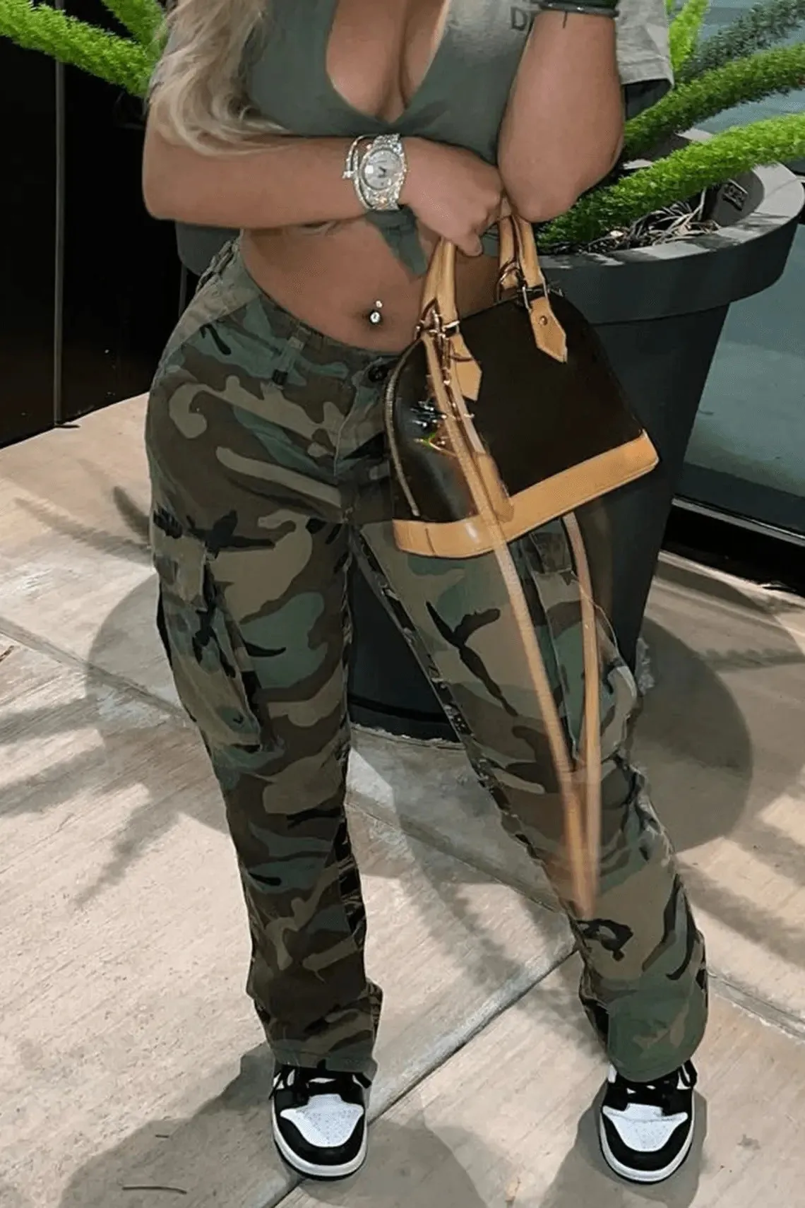 High Rise Camo Print Cargo Trousers Multi Utility Patch Pockets Relaxed Fit Straight Leg Daily Street Casual Pants