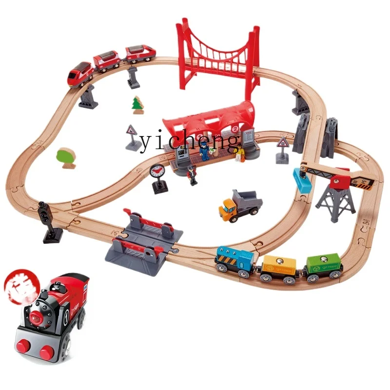 Tqh Train Track Building Block Set Wooden Children Baby Boy Educational Electric Car Mannequin Head Toys