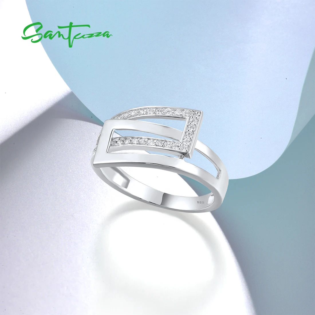 SANTUZZA Silver Rings For Women Pure 925 Sterling Silver Sparkling White Cubic Zirconia Linear Minimalist  Elegant Fine Jewelry