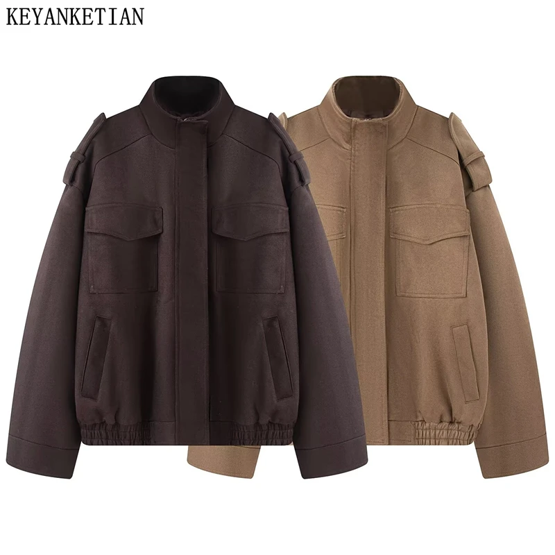 

KEYANKETIANAutumn and winter new women's high neck shoulder patch pocket embellished suede jacket women solid color Coat