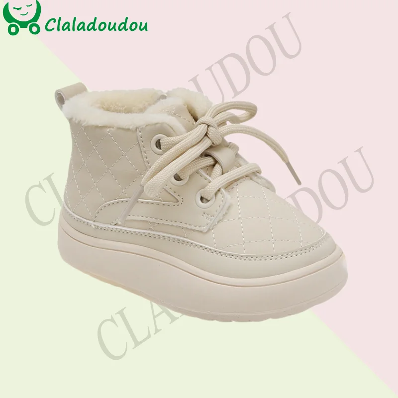 Brand Kids Winter Ankle Boots For Girls Boys Solid Sewing Fashion Snow Boots For Toddler Lace-up Winter Casual Shoe With Velvet