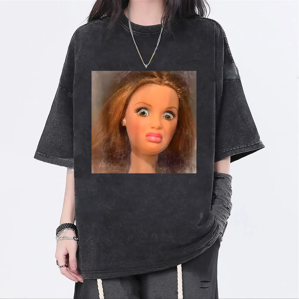 

Funny Disgusting Doll Face Meme Vintage Washed T-shirt Men Women Casual Humor T Shirts Oversized Short Sleeve Streetwear Unisex