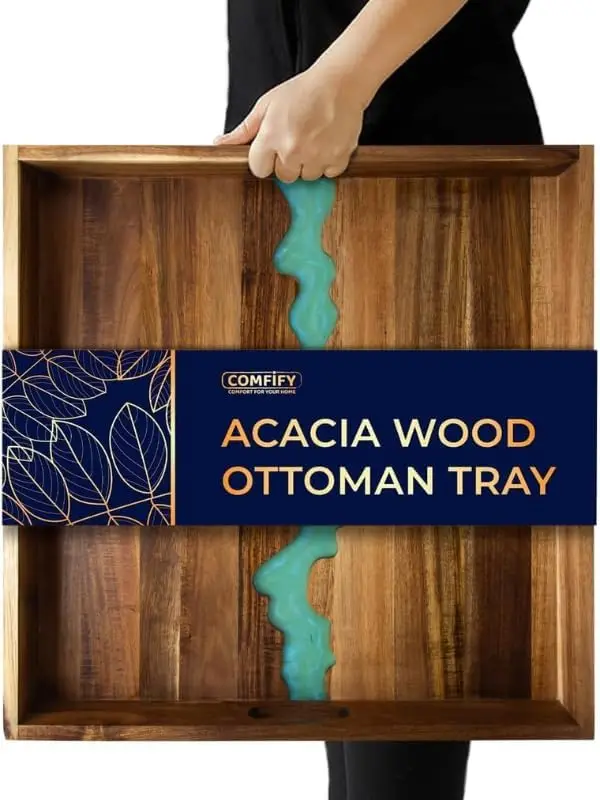 

Очень большой (22 дюйма) квадратный османский поднос премиум-класса из синей речной смолы из дерева акации с ручками — подача еды в стиле для ужина,